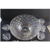 Image 7 : Glass  Iridescent Thumbprint Punch Bowl, (8) Matching Glass Cups and Ladle