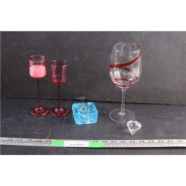 (2) Red Glass Candle Holders, Blue Glass Ash Tray, Goblet and Crystal Pendant