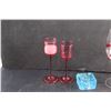 Image 2 : (2) Red Glass Candle Holders, Blue Glass Ash Tray, Goblet and Crystal Pendant