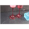 Image 4 : (2) Red Glass Candle Holders, Blue Glass Ash Tray, Goblet and Crystal Pendant