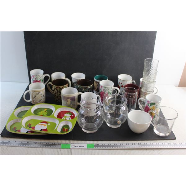 (2) Serving Trays, ( (16) Mugs, (4) Glasses and (2) Cookie Jars