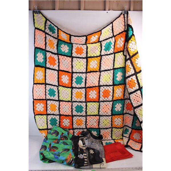 Homemade Afghan Style Blanket- 46'' x 46'', (3) Various Sheets Of Fabric, Ninja Turtles, Misc.