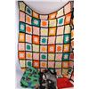 Image 2 : Homemade Afghan Style Blanket- 46'' x 46'', (3) Various Sheets Of Fabric, Ninja Turtles, Misc.