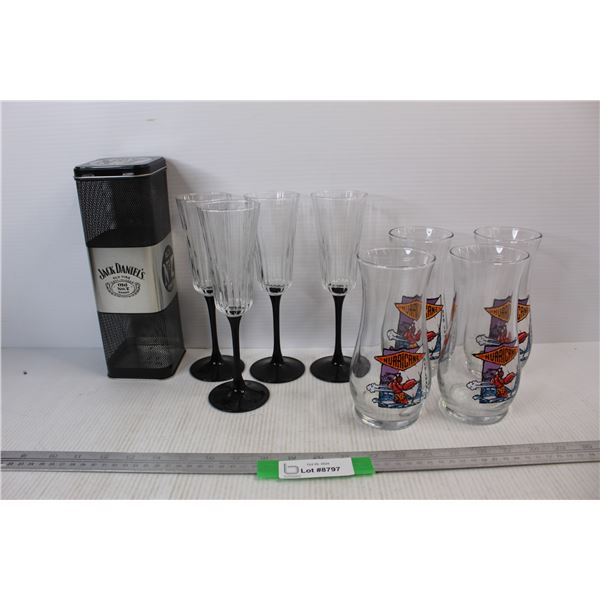 (4) Made In France Wine Glasses, (4) Hurricane Red Lobster Glasses, Jack Daniels Bottle Tin