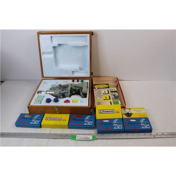 Tasco Deluxe High Quality Microscope, w/ (7) Boxes Of Prepared Slides, Misc.