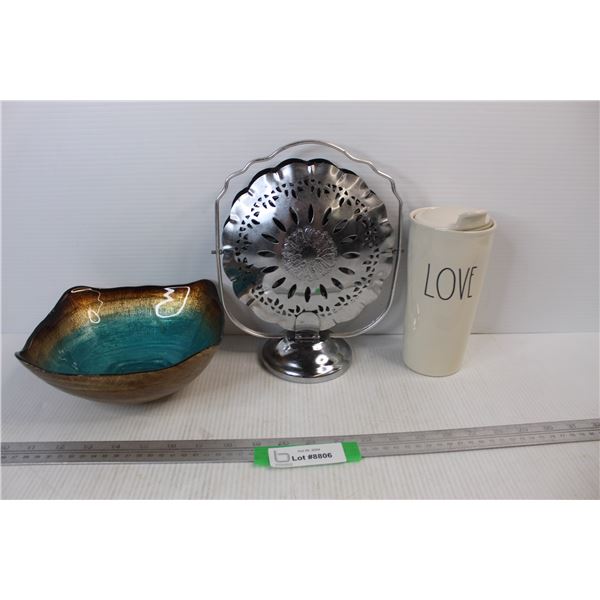 Rae Dunn Love Coffee/ Tea Mug, Home Decor Glass Bowl Made In Turkey, Fold Down serving Tray