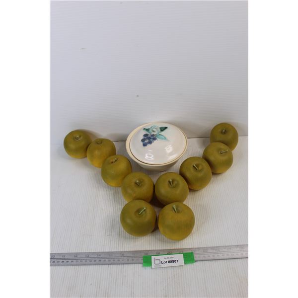 Unmarked Vintage Pottery Dish w/ Lid, (10) Artificial Decor Apples