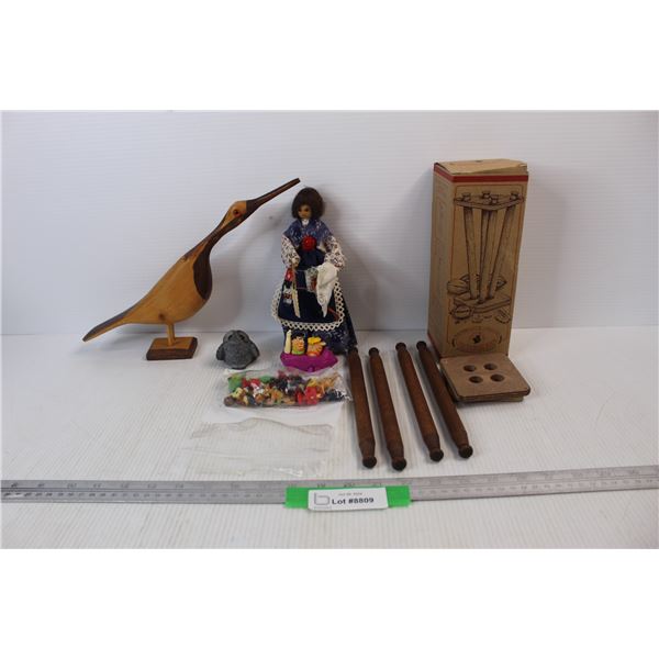 French Ornamental Doll, Carved Wooden Sandpiper, Hambrights Original Nut Cracker w/ Box, Misc.