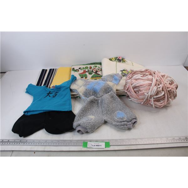 (4) Vintage Tea towels/ Tablecloths, Ball Of Yarn, (2) Top And Bottom Sets Of Baby Clothes