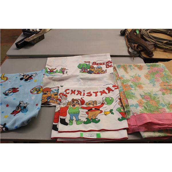 Christmas Tablecloth, (3) bed Sheets/ Blankets, Mickey Mouse, Bernstein Bears, Misc.