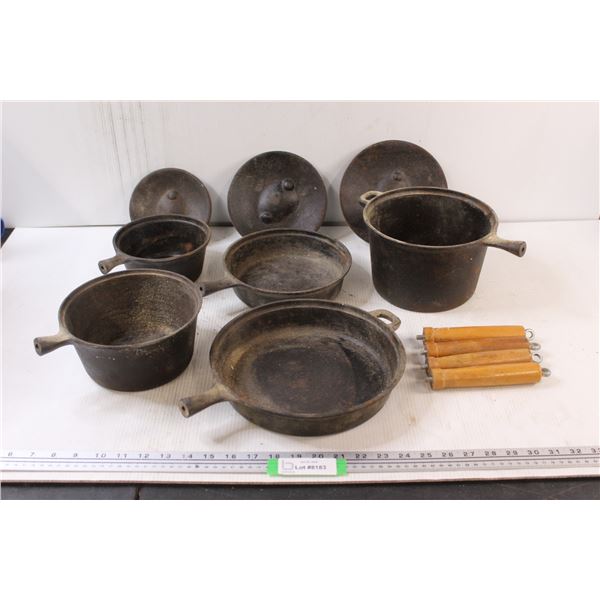 Vintage Cast Iron Pots & Pans w/ Wooden Handles - Some Wear