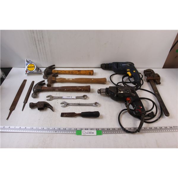 Tape Square, (2) Metal Files, (3) Hammers w/ Wooden Handles, 3/4 Wrench, 11/16 Wrench, Mastercraft C