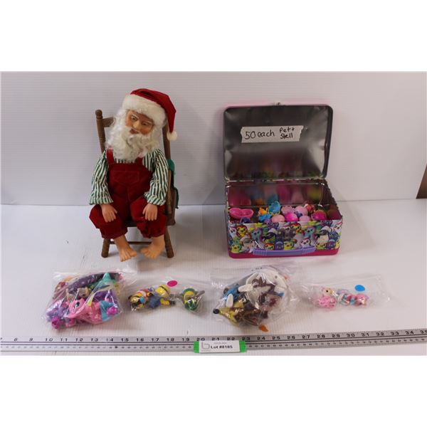 Santa Doll w/ Wooden Chair - Some Wear, (4) Bags of Toys: My Little Pony, Minions, Looney Toons, & (