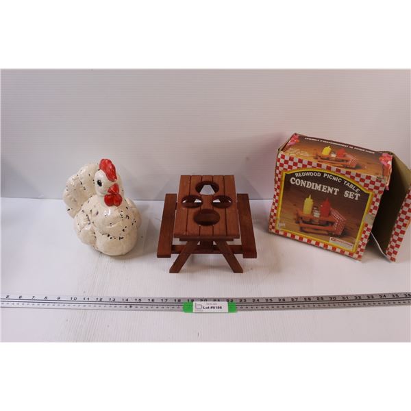 Ceramic Rooster Statue 7" x 9" x 6" & MacLeod's Redwood Picnic Table Condiment Set - As Is