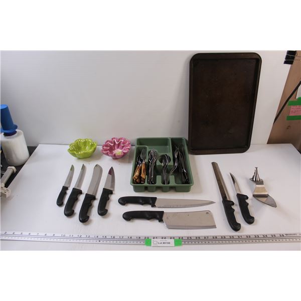 Silverware, Kitchen Knives - Assorted, Boston Warehouse Bowl Set - Hs Chip, Baking Pan, Pie Spatula,