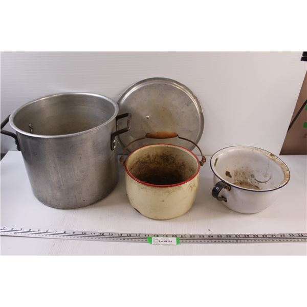 Stainless Soup Pot w/Lid - 10" x 13" & (2) Enamel Pots - Some Wear