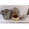 Image 1 : Stainless Soup Pot w/Lid - 10" x 13" & (2) Enamel Pots - Some Wear