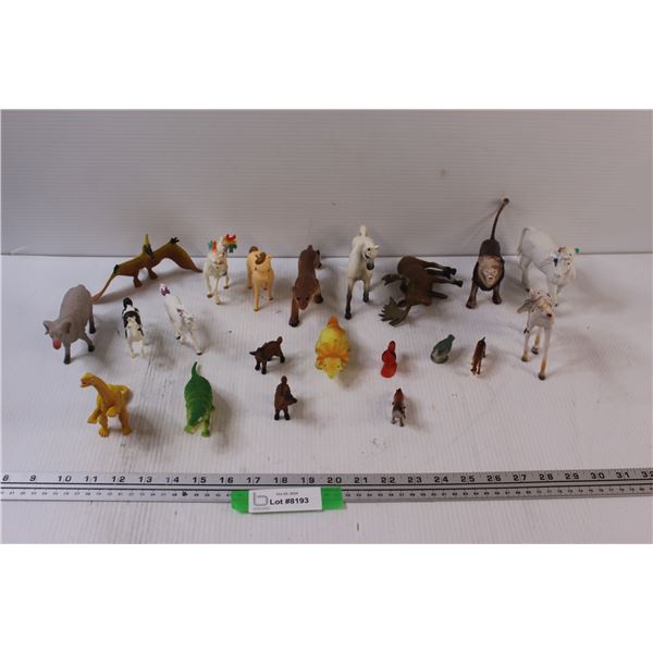 (18) Kids Animals Figurines: Dinosaurs, Lion, Unicorns, Moose (Missing Foot), Cougar, Misc.
