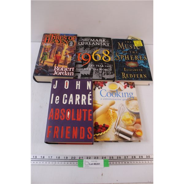 (5) Hard Cover Books: 1968, Cooking, Absolute Friends, Fires of Heaven, Music of the Spheres