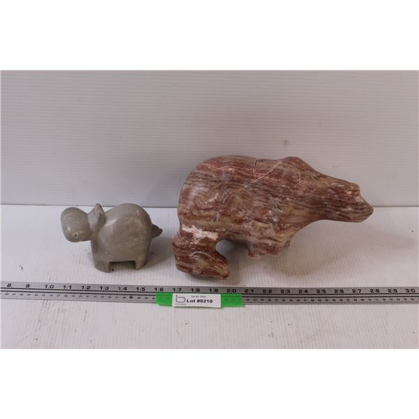 (2) Soapstone Carvings: Polar Bear (Damaged) & Hippopotamus (Some Wear)