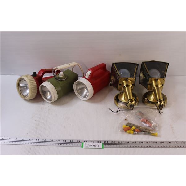 (3) Vintage Flashlights, & (2) Wall Mount Outdoor Lights w/Hardware -As is