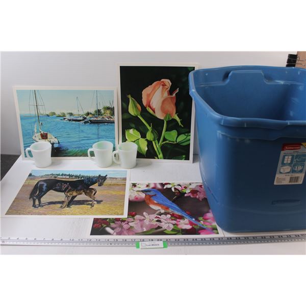 (4) Prints: Horse, Hummingbird, Sailing, Rose - 16" x 12" & (3) Vintage Anchor Hocking Coffee Mugs, 