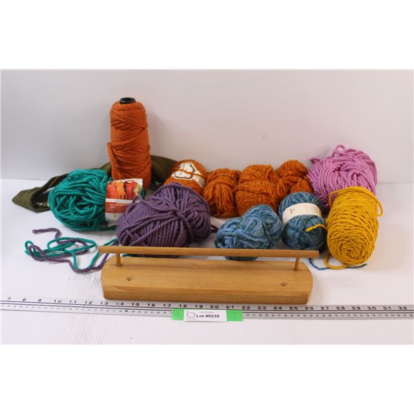 Wooden Towel Rack, (11) Balls of Yarn w/ Bag