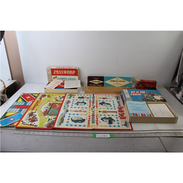 Checkers Pieces, Cribbage Board, Password Board Game, All In The Family, (3) Game Boards - All As Is