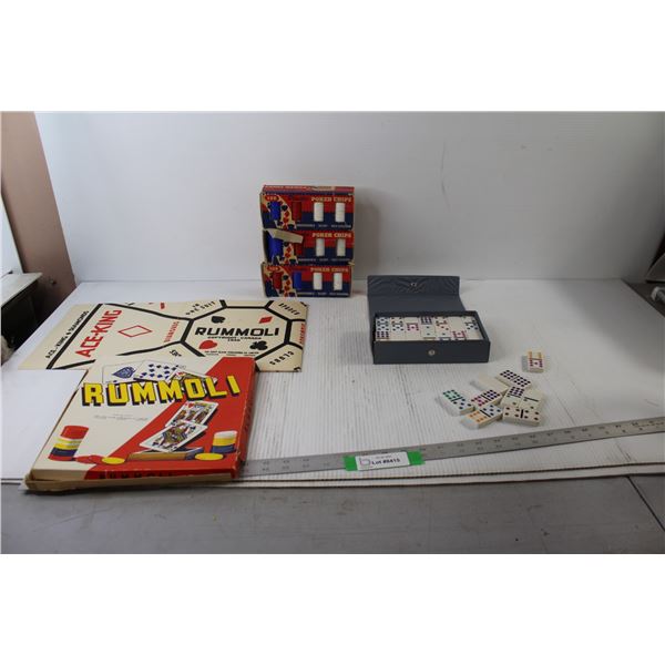 Rummoli Mat, (3) Packs Of Plastic Poker Chips, Dominos Set - All As Is