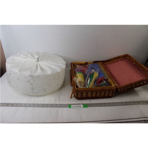 Light Fixture, Wicker Box With Kids Kitchen Ware