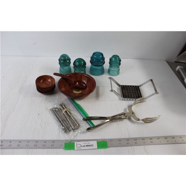 (4) Glass Insulators, Wooden Bowl and Spoon, Nut Cracker, Fork Tongs