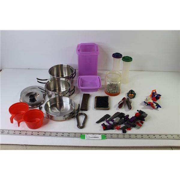 (1) Three-In-One Camping Cook Pot with Tote, Tupperware Plunge Kit, Plastic Salt And Pepper Shakers,