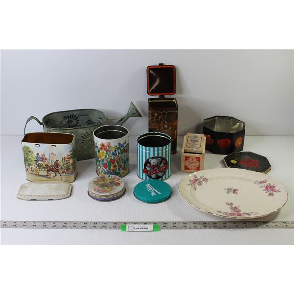 Serving Platter, Tins (Mrs. Fields, Cafe Grecco etc.), Metal Watering Can