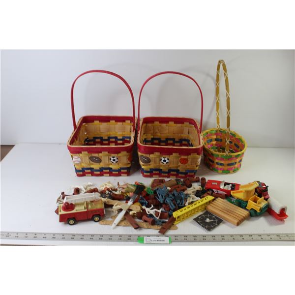 (3) Wood Baskets (Two at 11" x 9" x 5", One at 9" x 6.5" x 4"), Assorted Children's Toys