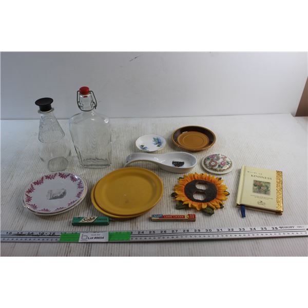 Glass Maple Bottles, Plates, Sunflower Socket Cover, Saputo Long Leads & Erasers and Assorted Items
