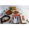 Image 13 : Faux Leather Belt, Vintage Hand Whisk, Brass Razor, Permanent Press Magazine and Assorted Items
