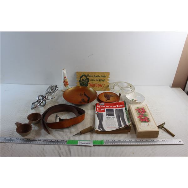Faux Leather Belt, Vintage Hand Whisk, Brass Razor, Permanent Press Magazine and Assorted Items