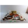 Image 1 : Faux Leather Belt, Vintage Hand Whisk, Brass Razor, Permanent Press Magazine and Assorted Items
