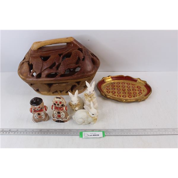 Carved Wooden Fruit Bowl w/ Lid, Japan Ginger Bread Salt And Pepper Shakers, (3) Unmarked Ornamental
