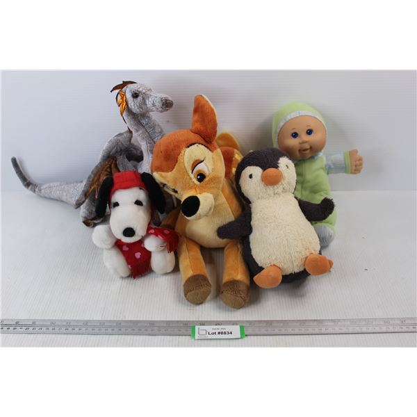 (5)Various Stuffies/ Dolls, Snoopy Bambi, Cabbage Patch Kids Misc.