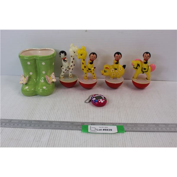 (4) Plastic Small Balancing Toys, Small Tamagotchi Hand Held Game, Pair Of Rubber Boots Flower Pot