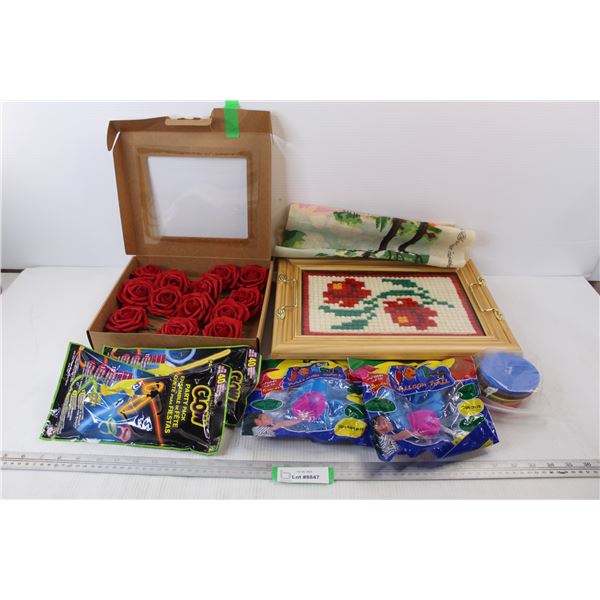 Box Of (13) Artificial Roses, Framed Cross Stitching Serving Tray, Glow Sticks- NIB, Misc.