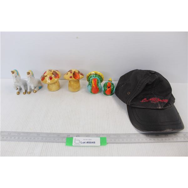 Leather Barrett Jackson Hat, (3) Sets Of Various Salt And Pepper Shakers