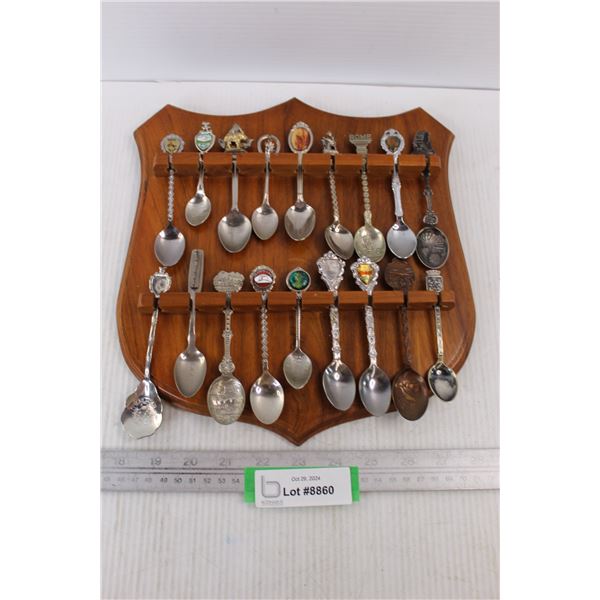(18) Collector Spoons On Wall Hung Wooden Holding Rack