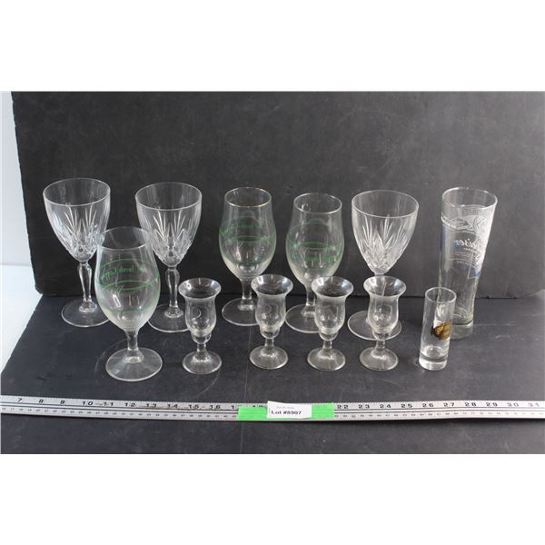 (3) Crystal Goblets, (3) Glass Goblets, Beer Glass and (5) Liquor Glasses