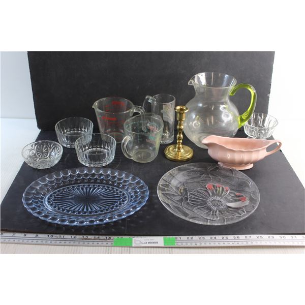 Gravy Boat, Glass Bowls, Serving Dish, Measuring Cups, Pitcher, Mug and Brass Candle Holder