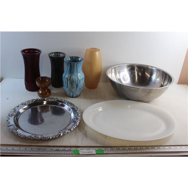 Large Metal Bowl 16'', (2) Serving Trays, (4) Vases and Wooden Stand