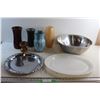 Image 1 : Large Metal Bowl 16'', (2) Serving Trays, (4) Vases and Wooden Stand