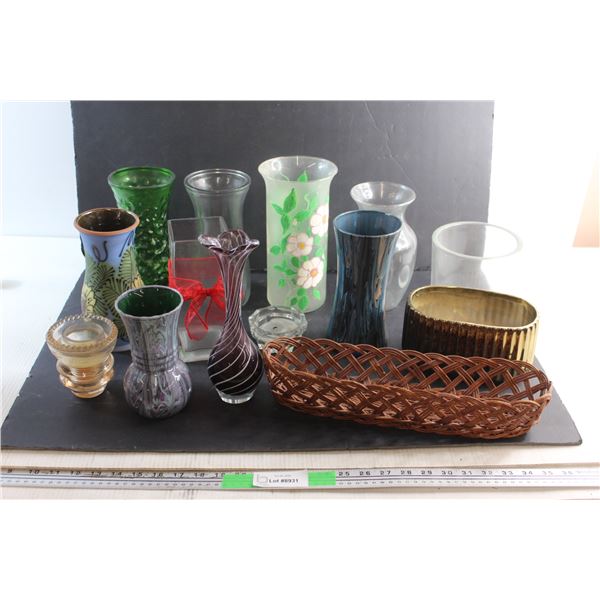 Pleated Basket, (10) Glass Vases, (2) Candle Holders and Planter