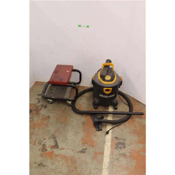 * Mechanic's Stool on Casters and 2HP Shop Vac Vacuum with Attachments - As Is